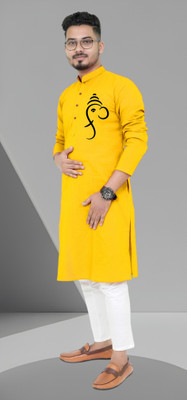 M Biswas Men Printed Straight Kurta(Yellow)