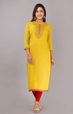 STYLE ANGEL Women Embroidered Straight Kurta(Yellow)