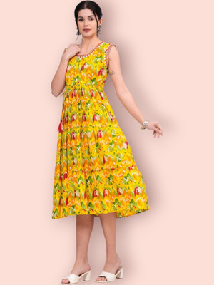 mk creation Women Printed Anarkali Kurta(Yellow)