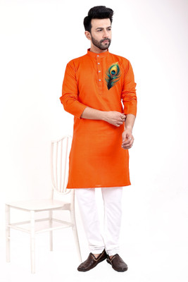 nightron Men Self Design Straight Kurta(Orange)