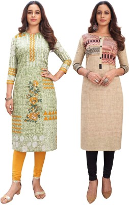 Jevi Prints Women Floral Print Straight Kurta(Green, Beige)