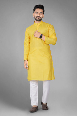 DVILLA Men Solid Straight Kurta(Yellow)