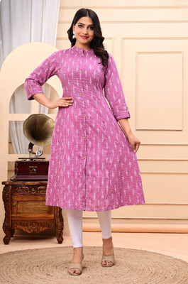 VISHNUVASTRAM Women Block Print, Colorblock, Dyed/Ombre Frontslit Kurta(Pink)