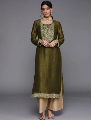anushansa Women Embroidered Straight Kurta(Green)