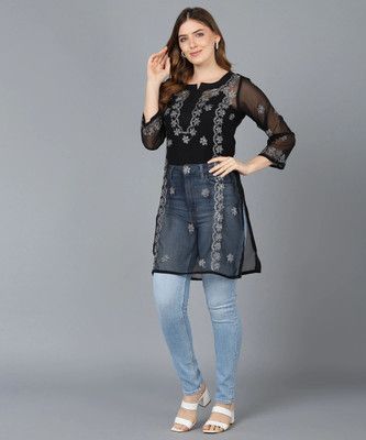 VAHSON Women Chikan Embroidery, Embroidered, Self Design Straight Kurta(Black)