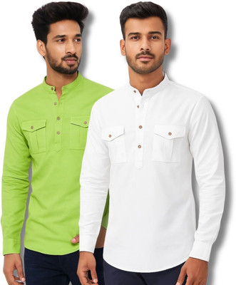 GOD HEART Men Solid Straight Kurta(Light Green, White)