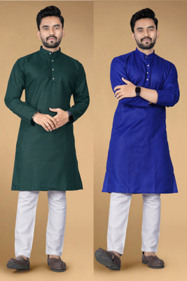 LYPLO Men Solid Straight Kurta(Green, Dark Blue)
