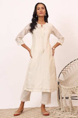 Folksong Women Embroidered Straight Kurta(White)