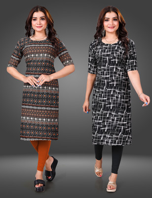 MOBHISA Women Printed Straight Kurta(Black)