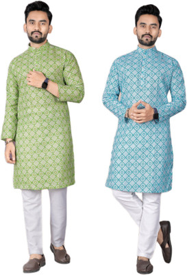 DHASU TRENDZ Men Printed Straight Kurta(Green, Blue)