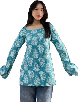 Dhanvins Women Ikat, Printed A-line Kurta(Blue)