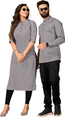 Hare Krishna Women Striped A-line Kurta(Grey)