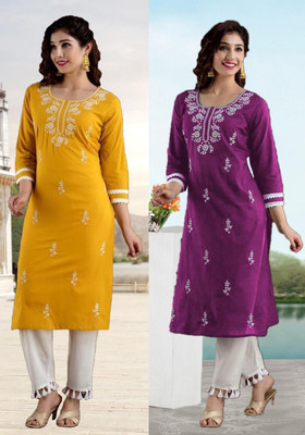 vikshi Women Chikan Embroidery Straight Kurta(Multicolor)