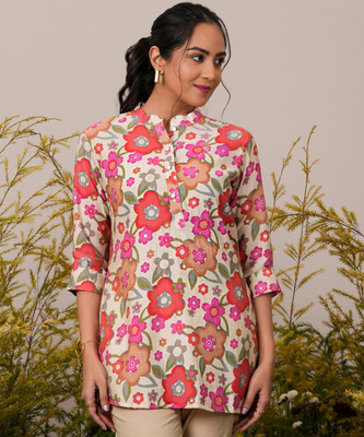LIBAS Women Floral Print Straight Kurta(Beige)