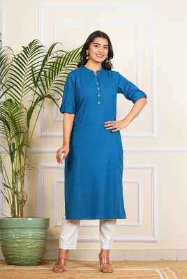 hustle bustle Women Solid A-line Kurta(Light Blue)
