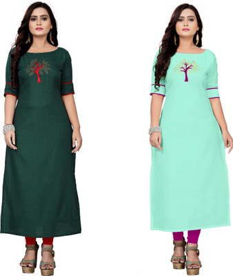 fentik.com Women Patchwork A-line Kurta(Green, Light Blue)