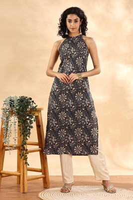 ANOUK Women Floral Print Straight Kurta(Black)