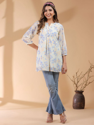 Janasya Women Floral Print A-line Kurta(Beige)
