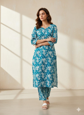 M.A ENTERPRISES Women Floral Print, Dyed/Ombre Straight Kurta(Blue)