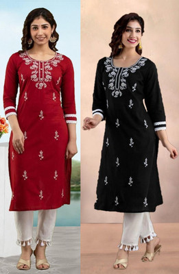 vikshi Women Chikan Embroidery A-line Kurta(Multicolor)