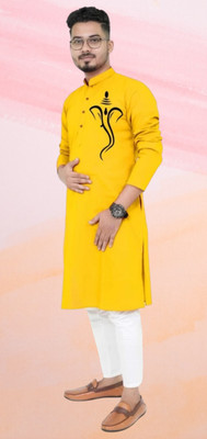 Mamta Bisswas Men Printed Straight Kurta(Yellow)