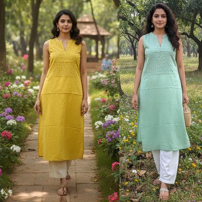 Mac Arthur Women Embroidered Straight Kurta(Light Green, Yellow)