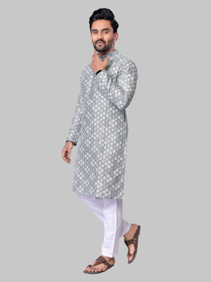 FOXDX Men Printed, Embroidered A-line Kurta(Grey)