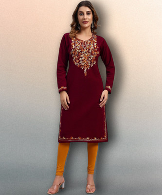 DRESSBASE Women Self Design Straight Kurta(Maroon)