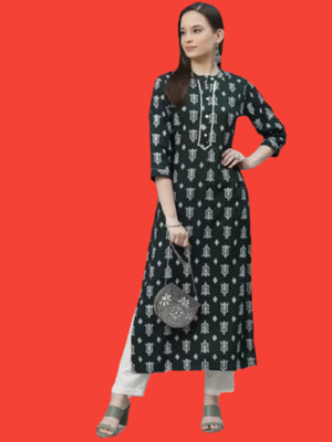 Punaoths Women Printed Straight Kurta(Green)