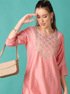 V-MART Women Embroidered A-line Kurta(Pink)