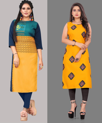 tanvi creation Women Printed Straight Kurta(Yellow)