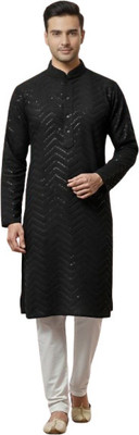 KLIKTIES Men Embroidered Straight Kurta(Black)