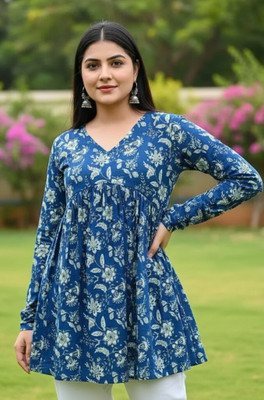 Look-N-Like Women Floral Print, Printed Flared Kurta(Blue)