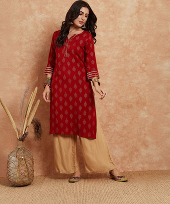 Sangria Women Printed Straight Kurta(Red)