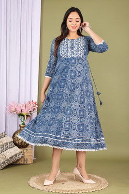 SHIN HIGH Women Printed Flared Kurta(Dark Blue)