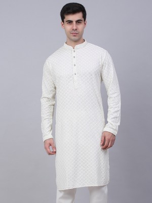 Jompers Men Embroidered Straight Kurta(White)