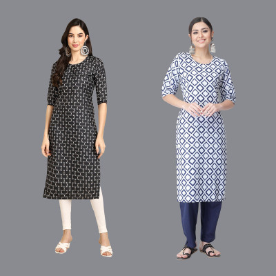 EthnicBasket Women Printed Straight Kurta(Black, Dark Blue, White)