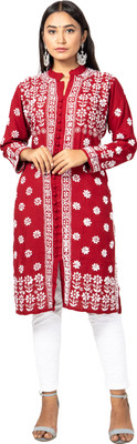 FAWOMENT Women Chikan Embroidery Frontslit Kurta(Maroon)