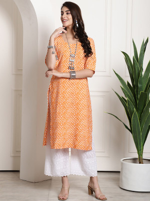 EthnicBasket Women Printed Straight Kurta(Orange)
