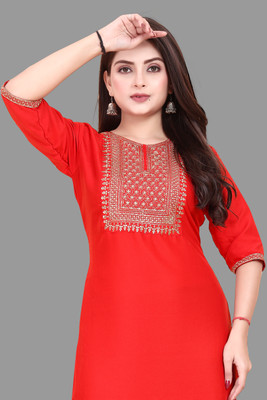 ANITA LYCRA Women Embroidered Straight Kurta(Red)