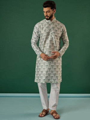 ANOUK Men Abstract Straight Kurta(Grey)