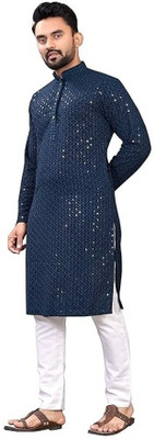 JENJEE Men Solid A-line Kurta(Dark Blue)