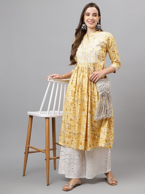 RATAN Women Chikan Embroidery Anarkali Kurta(Yellow)