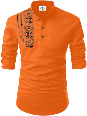 Fashion Marts Men Solid, Self Design Straight Kurta(Orange)