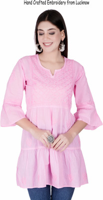 Adab chikan handicraft Women Chikan Embroidery A-line Kurta(Pink)