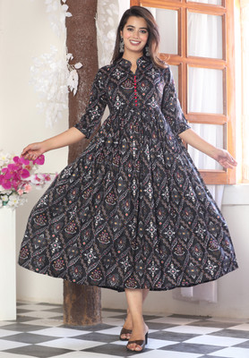 poojaclothing Women Printed Anarkali Kurta(Black)