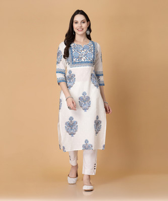 God Bless Women Floral Print Straight Kurta(White)