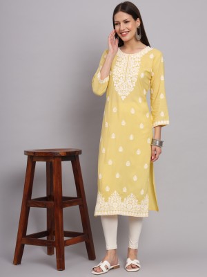 swastikethnics Women Embroidered Straight Kurta(Yellow)