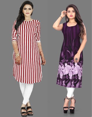 Modli 20 Fashion Women Striped, Floral Print Straight Kurta(Red)