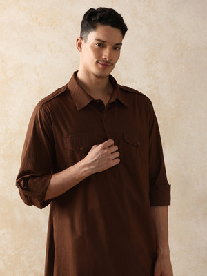 Moara Men Solid Pathani Kurta(Brown)